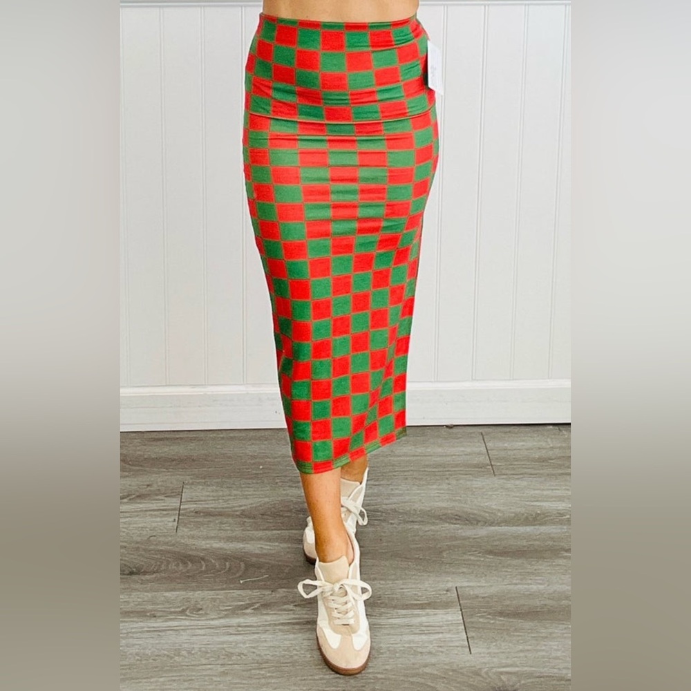 Red and green checkered skirt